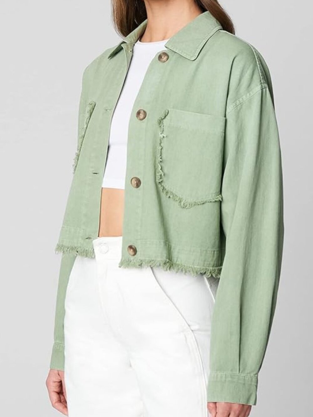 NWT BLANKNYC Green Garment Dye Twill Cropped Jacket With Pockets and Fray Hem M